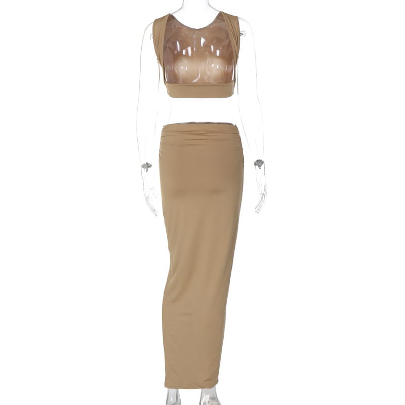 Tan solid color women tank tops long two piece set featuring a sheer top with molded bra cups and a high waisted form fitting skirt.