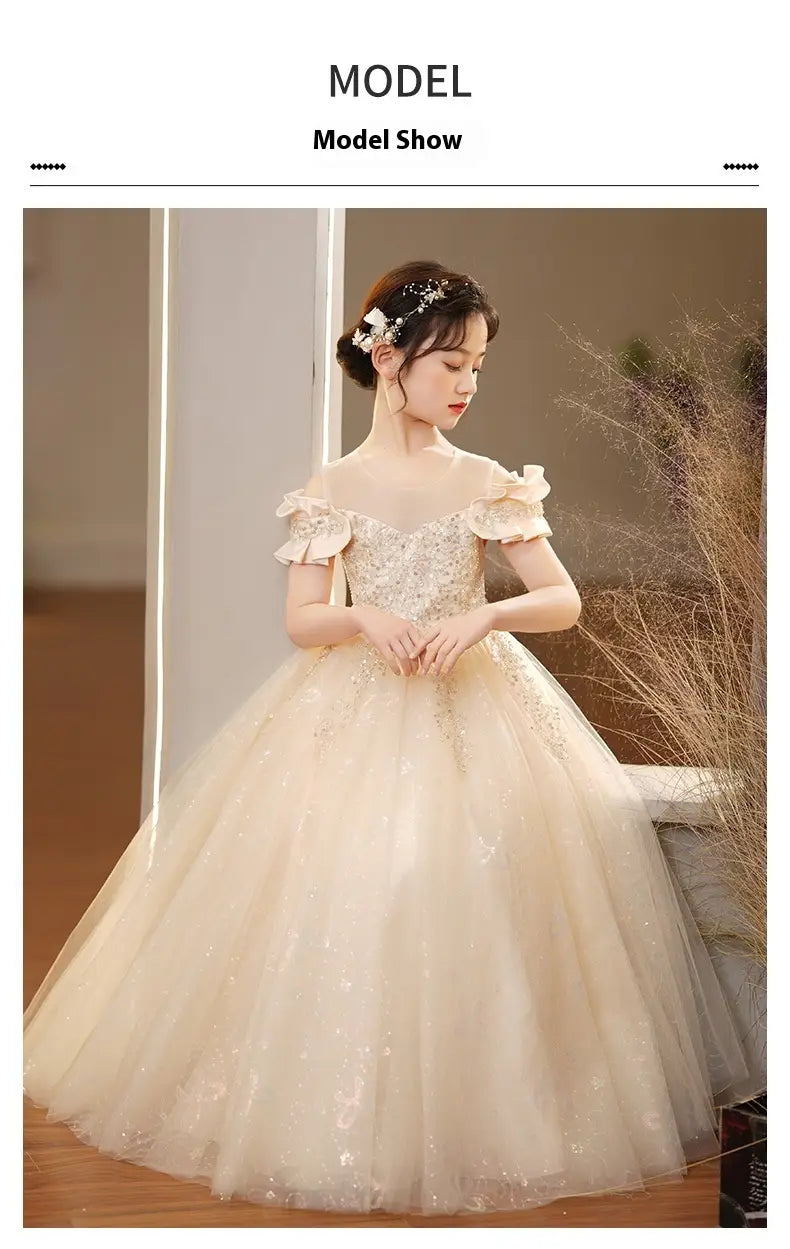 beige off-the-shoulder ball gown featuring delicate lace and sparkling embellishments in a spandex princess dress with girls tulle tutu design.
