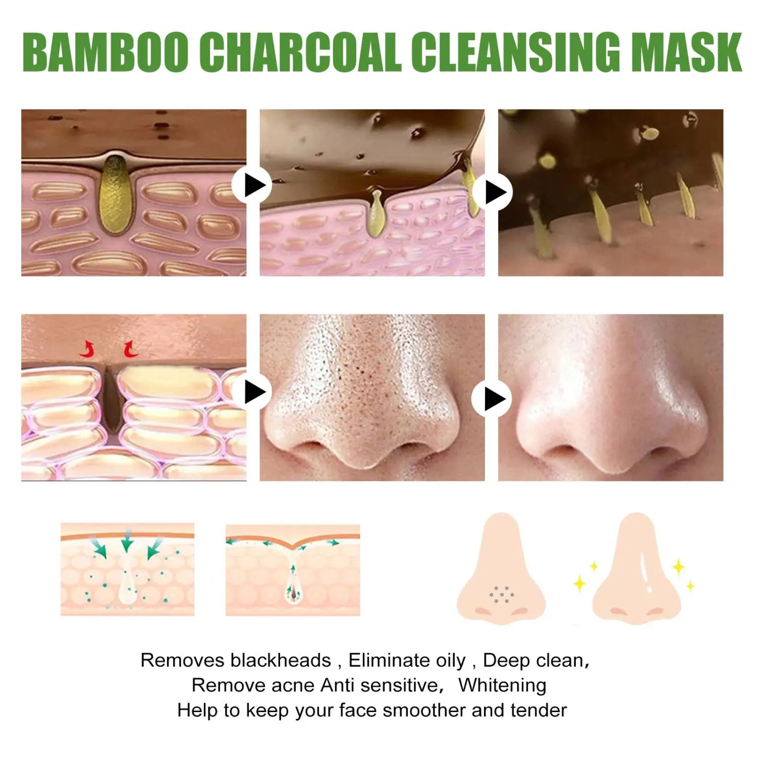 Bamboo charcoal blackhead removal peel-off mask with a dark porous texture designed for deep pore cleaning and skin brightening.