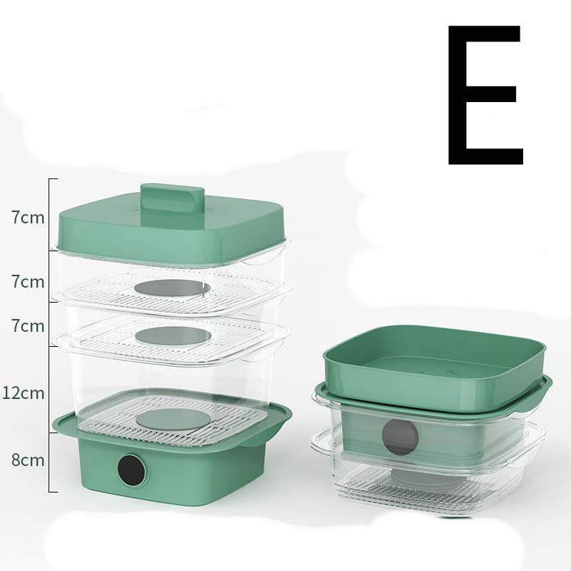 Electric multi layer heat preservation dish cover featuring stackable translucent plastic trays with sage green lids and circular mesh inserts designed for dish cover heat retention.