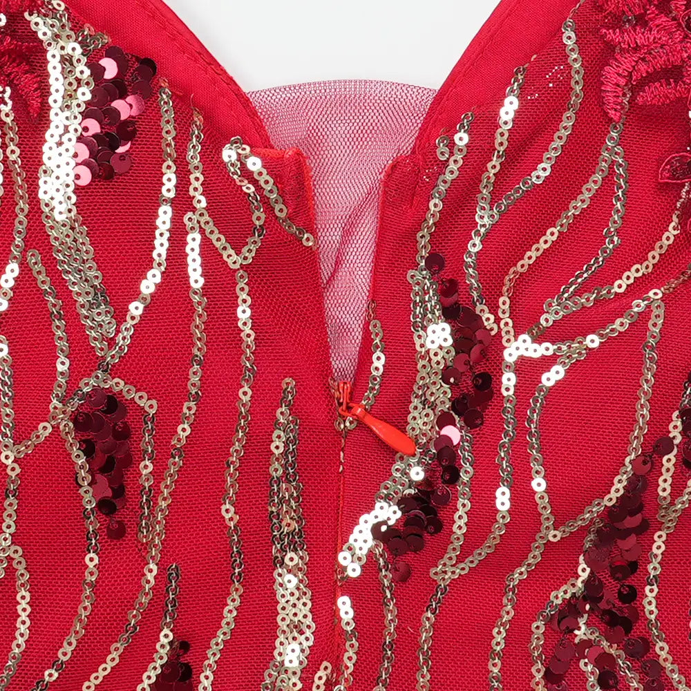 plus size long sleeve red sequined evening dress with silver and burgundy embellishments suitable for formal occasions