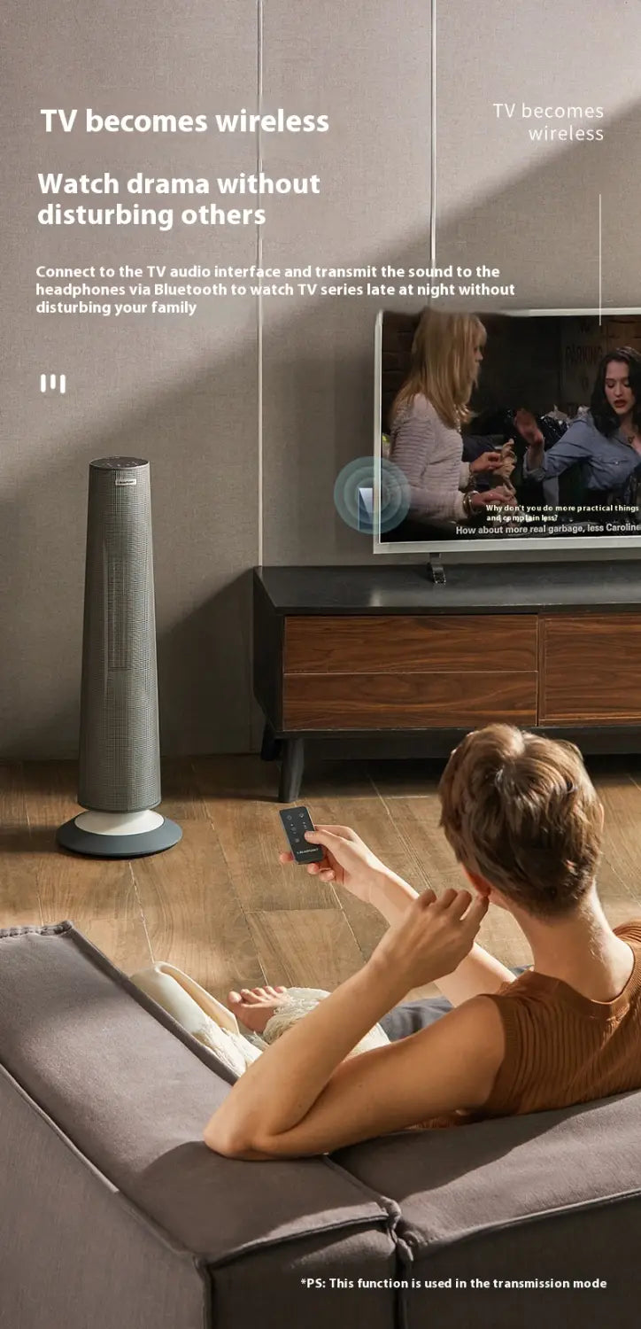 gray cylindrical tower speaker with sleek modern design and white base paired with 35mm bluetooth adapter car audio transmitter for enhanced adapter car bluetooth connectivity.