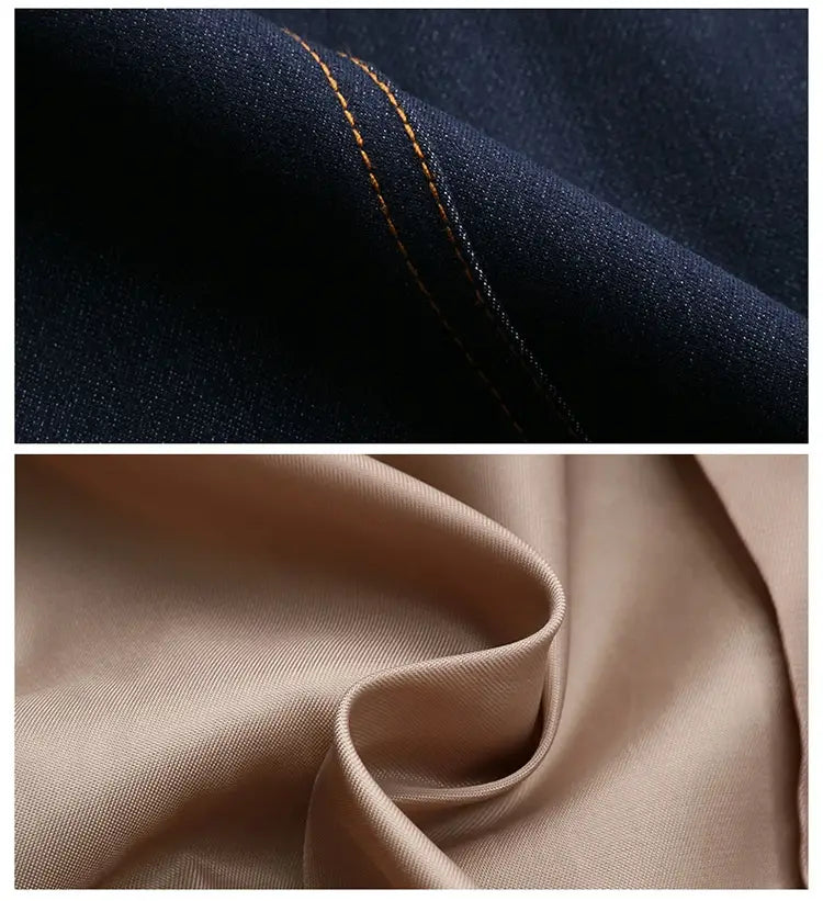 Elegance retro casual denim jacket and pants set featuring dark blue denim fabric with contrasting tan stitching paired with smooth beige satin-like material.
