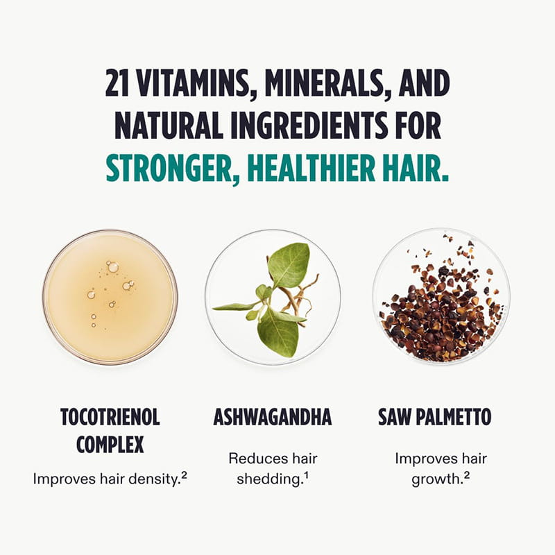 The image shows three circular glass containers with a pale yellow liquid, green ashwagandha leaves, and dark brown saw palmetto berries for the sealed 120 men hair care capsules piece bottle.