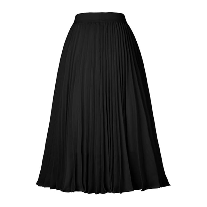 black pleated midi large swing casual skirt with smooth flowing fabric and fitted waistband