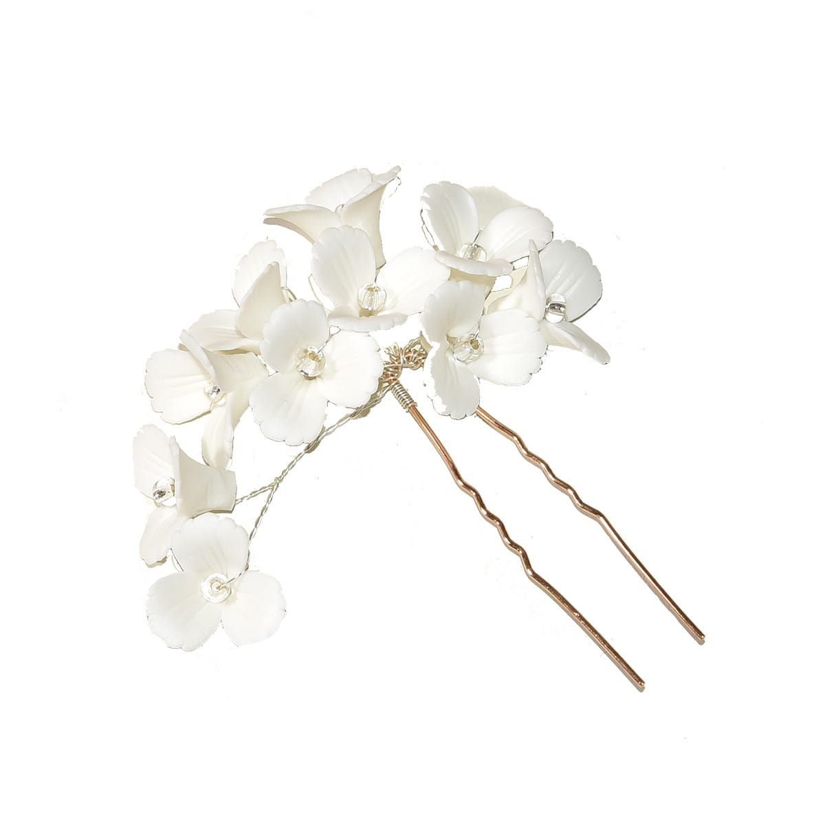 white three dimensional flower u shaped hairpin featuring a delicate white hydrangea cluster with gold-toned twisted metal pins and tiny clear rhinestones at each bloom center