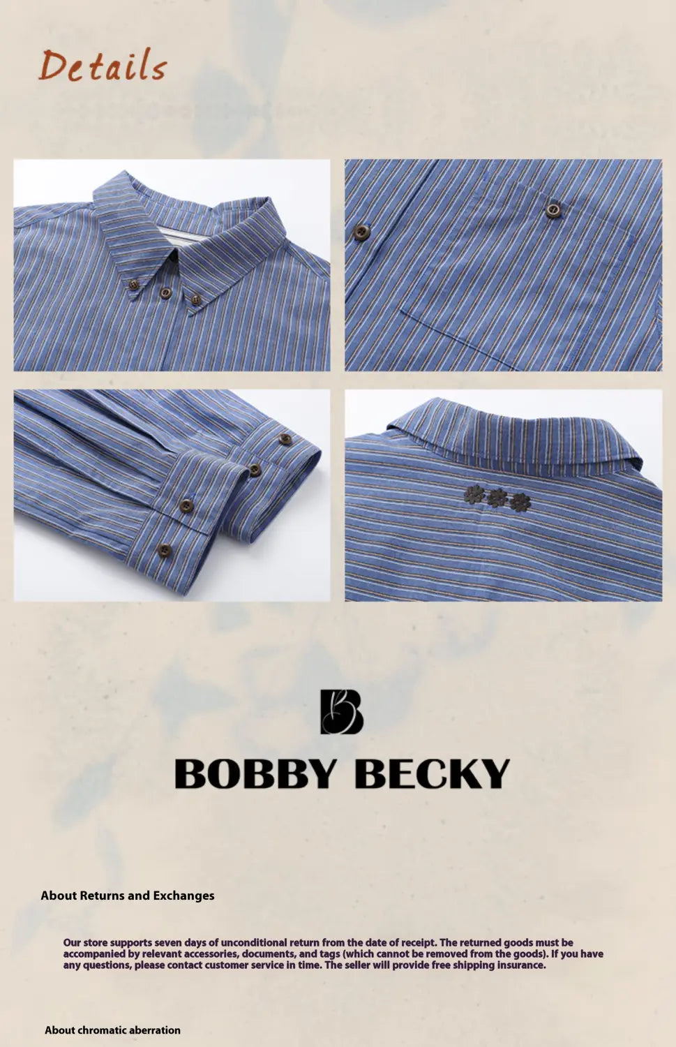 American Retro casual striped cotton shirt in blue and white with a classic collar dark brown buttons and subtle embroidery on the back, exemplifying retro casual fashion.