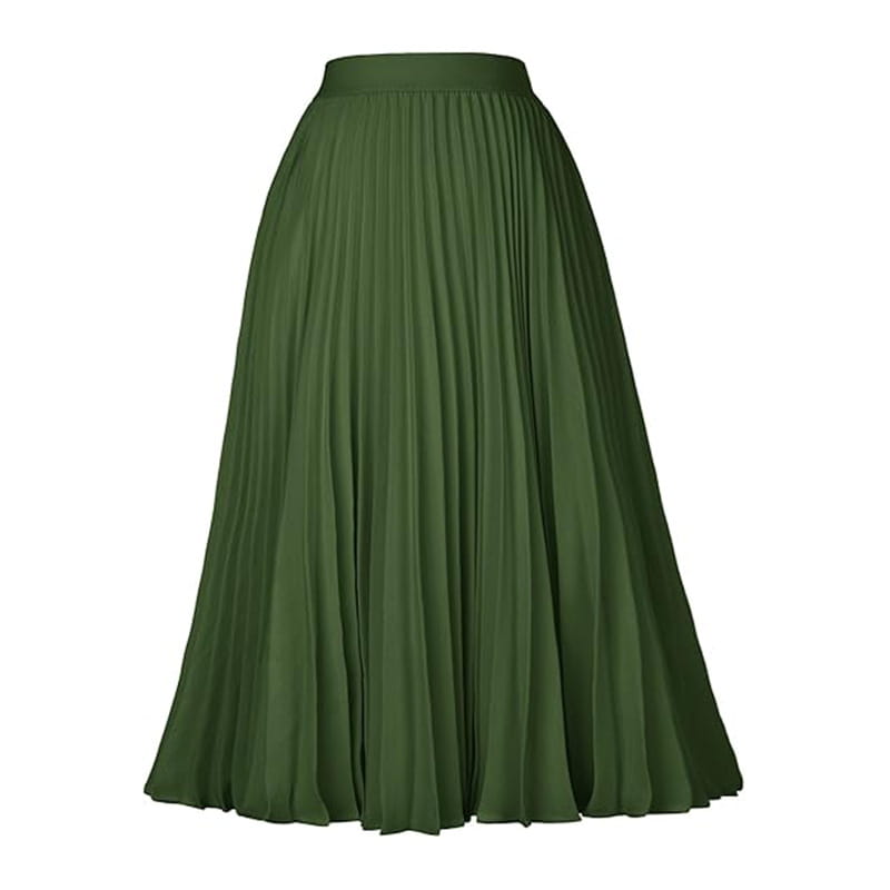 a flowing olive green large swing casual pleated midi skirt made of lightweight smooth fabric suitable for casual wear