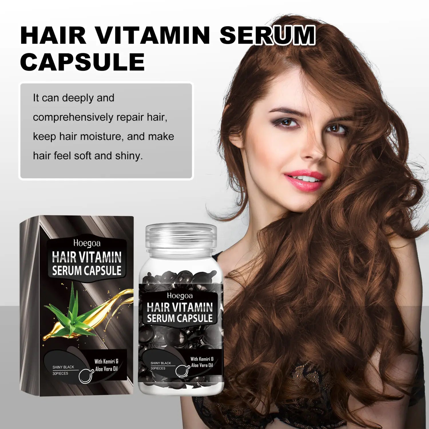 Hoegoa hair care black capsule vitamin serum in a clear bottle with black capsules and aloe vera image on matching packaging for hair care.