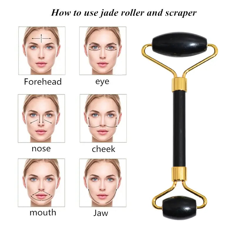 black obsidian beauty face care massage jade roller with dual-ended black jade rollers and gold-toned metal handle for face care massage.