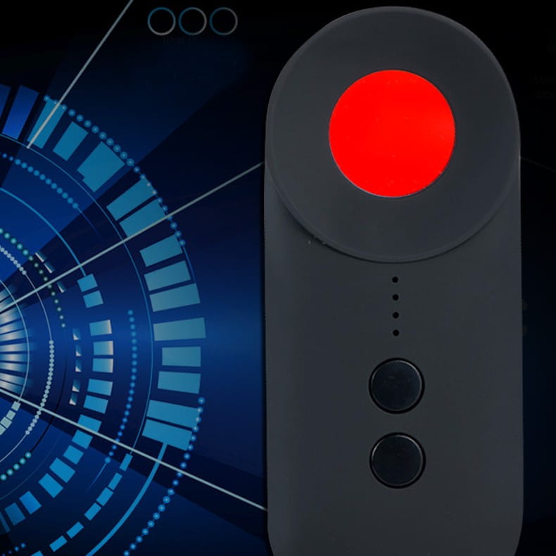 black compact handheld positioning gps detector with signal detection featuring a glowing red record button and two circular control buttons