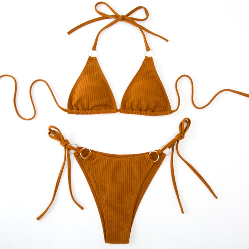 a ribbed mustard-yellow sexy bikini set with triangle top and tie thong bandage bottom featuring adjustable ties and silver-toned metal rings for bikini set summer use