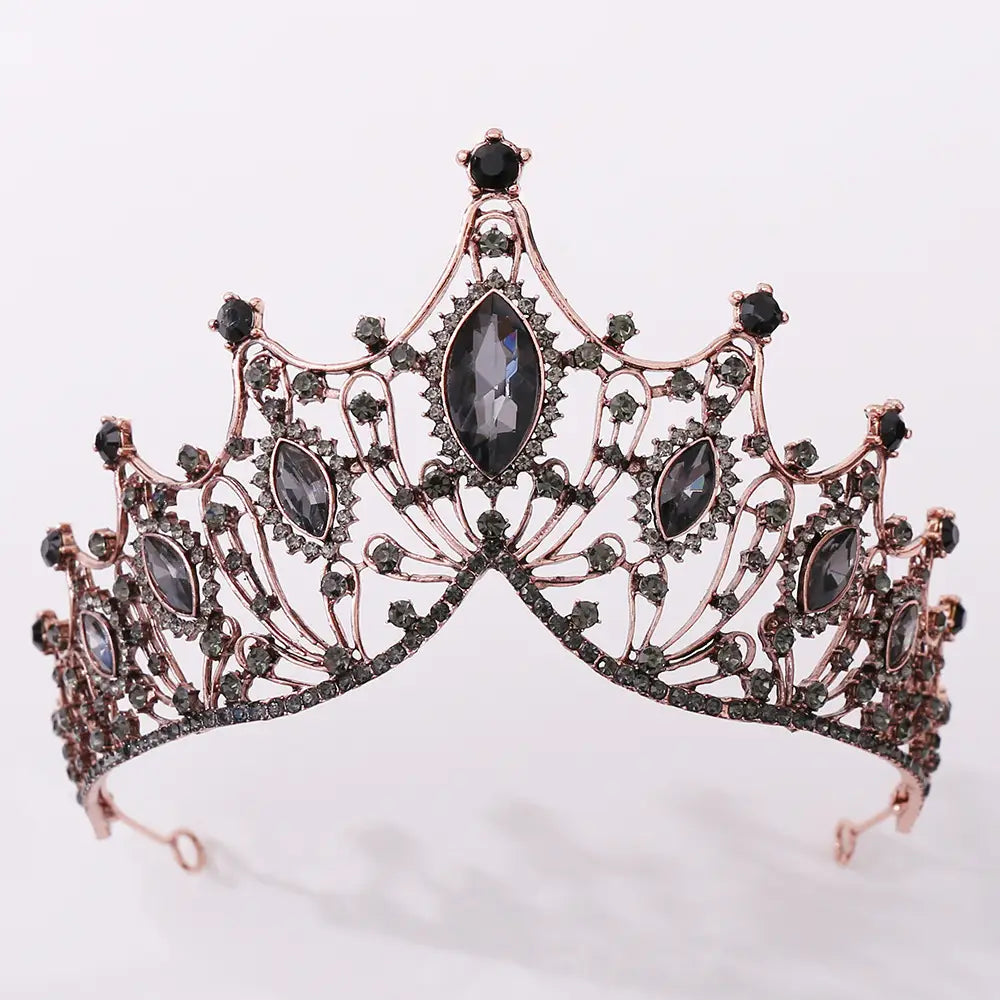 A classic vintage bridal tiara in rose gold adorned with black marquise and round crystals, designed as a vintage bridal tiara featuring elegant black crystals for bridal use.