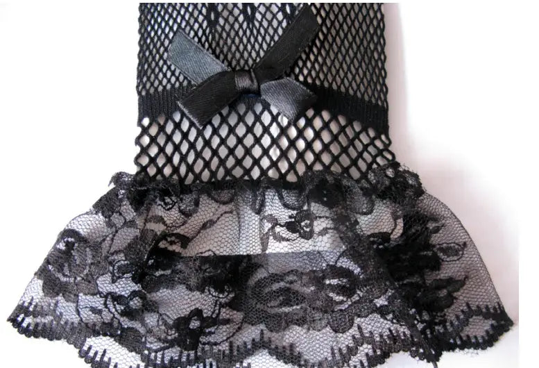 black fishnet stretch mesh gloves with floral lace cuffs and satin bow at the waist made from knitted stretch mesh fabric