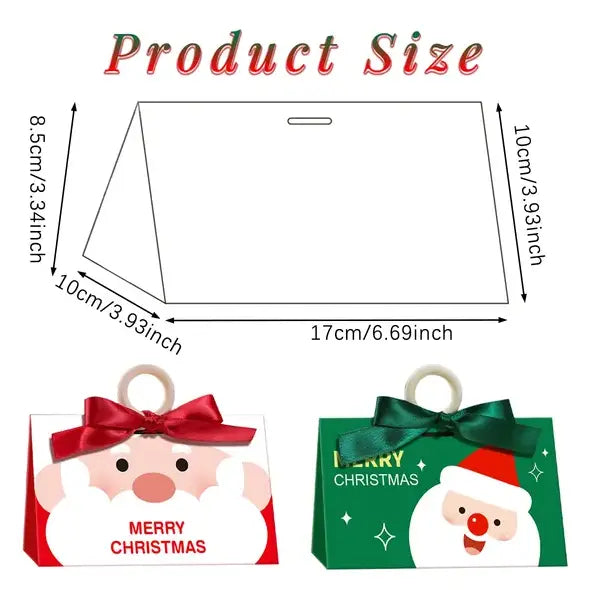 10 santa claus christmas candy boxes featuring red and white or green and white santa claus-themed gift bags with matching bows for festive christmas candy packaging