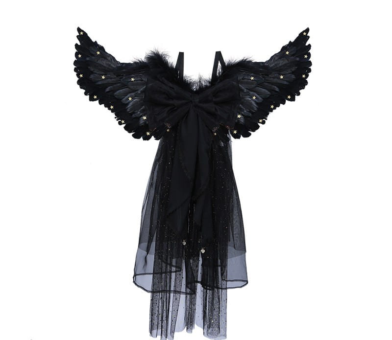 Black star feathered halloween performance costume featuring black angel wings with feathers and a sheer tulle skirt adorned with sparkling stars for halloween performance costume use.