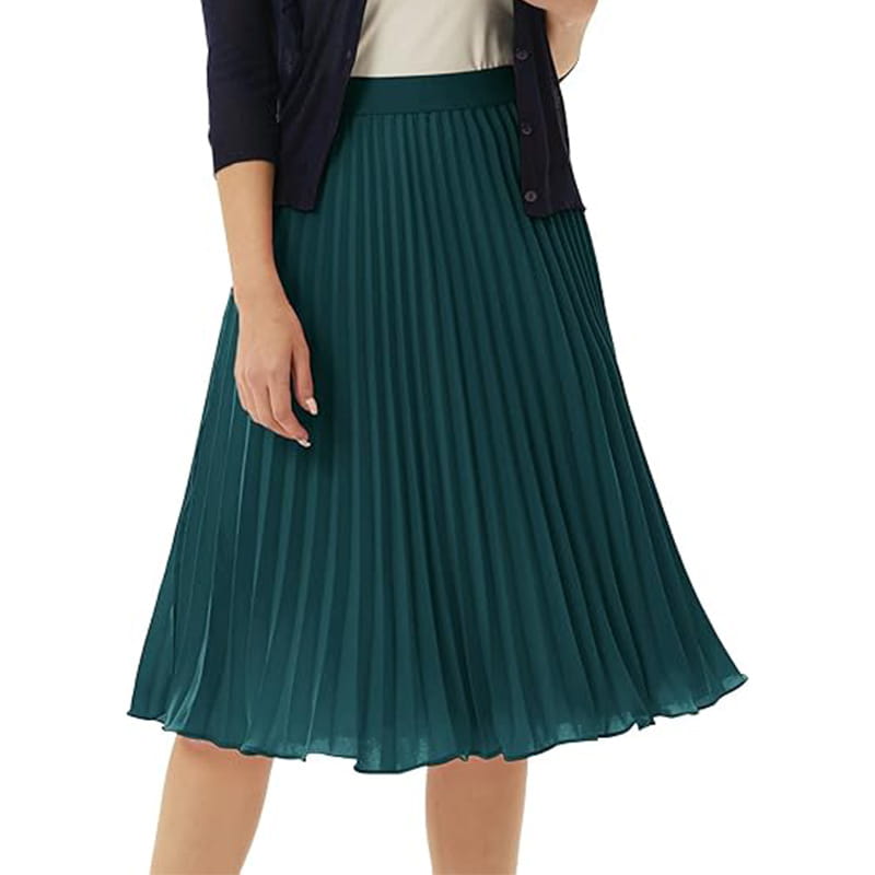 A teal pleated midi swing casual skirt made of smooth flowing fabric with a fitted waistband ideal for large swing casual wear.