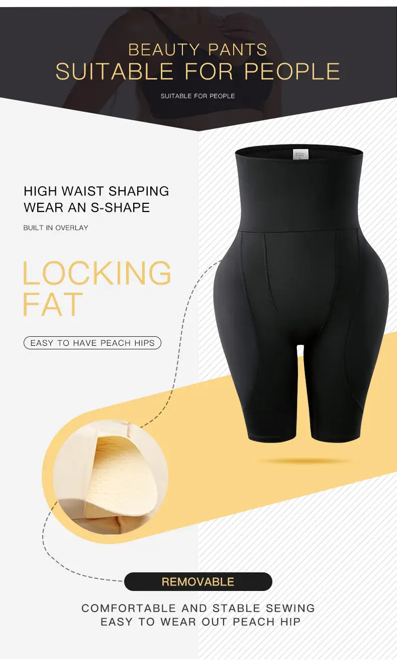 Black high waist body shaper panty with built-in overlay and removable padding designed for tummy control and fat burning high effect to create an s-shape silhouette.