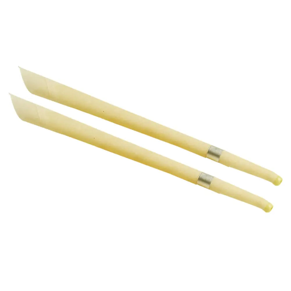 two pale yellow tapered plastic dental impression sticks with metallic silver bands near the handles for coning beewax natural ear candle ear healthy care and earwax removal.
