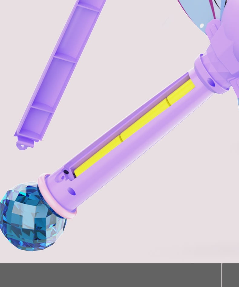 purple butterfly fairy bubble stick plastic toy microphone with faceted blue crystal ball top and yellow led strip along body for fairy bubble play