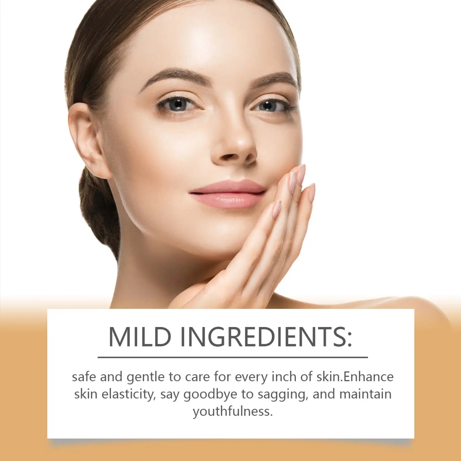 a woman with smooth radiant skin and neatly styled brown hair gently touches her face demonstrating the effects of an anti-aging moisturizer that hydrates and lightens lines.