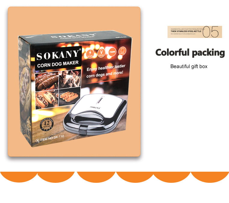 Sokany brand stainless steel 6 slot non stick hot dog sausage frying machine with a sleek modern design and shiny chrome finish.