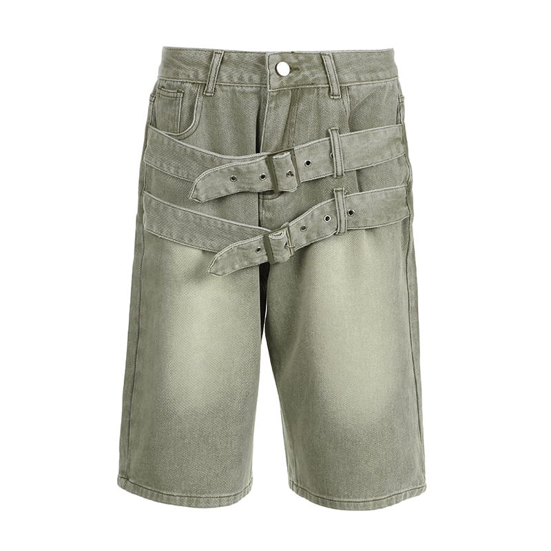 olive green denim shorts with three overlapping belt straps featuring jeans double belt and double belt adjustable buckle design across the front