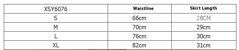the table displays size measurements in centimeters for the hot girl fashionable stringy selvedge patchwork skirt, including waistline and skirt length from size s to xl.