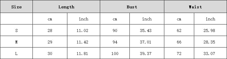 Size chart for black satin mesh patchwork lace chest top displaying measurements in centimeters and inches for sizes s, m, and l.