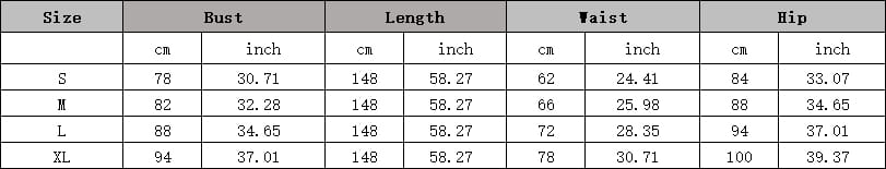 The size chart for the burgundy sleeveless sequined high slit evening dress with spaghetti straps displays measurements in centimeters and inches for sizes S, M, L, and XL.