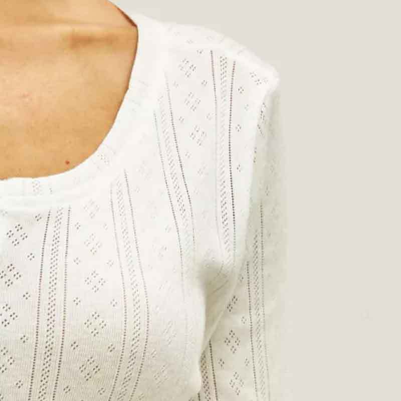 White ribbed knit fashion cardigan long sleeve featuring a delicate lace-like pattern of dotted lines and small square motifs in a long sleeve design.