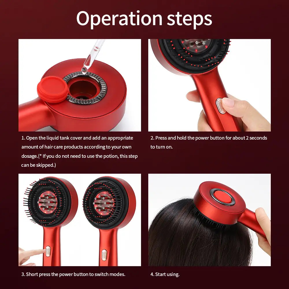 Red light scalp care massage hair growth device featuring a red electric hair brush with black bristles and a circular liquid tank cap for care massage activating.