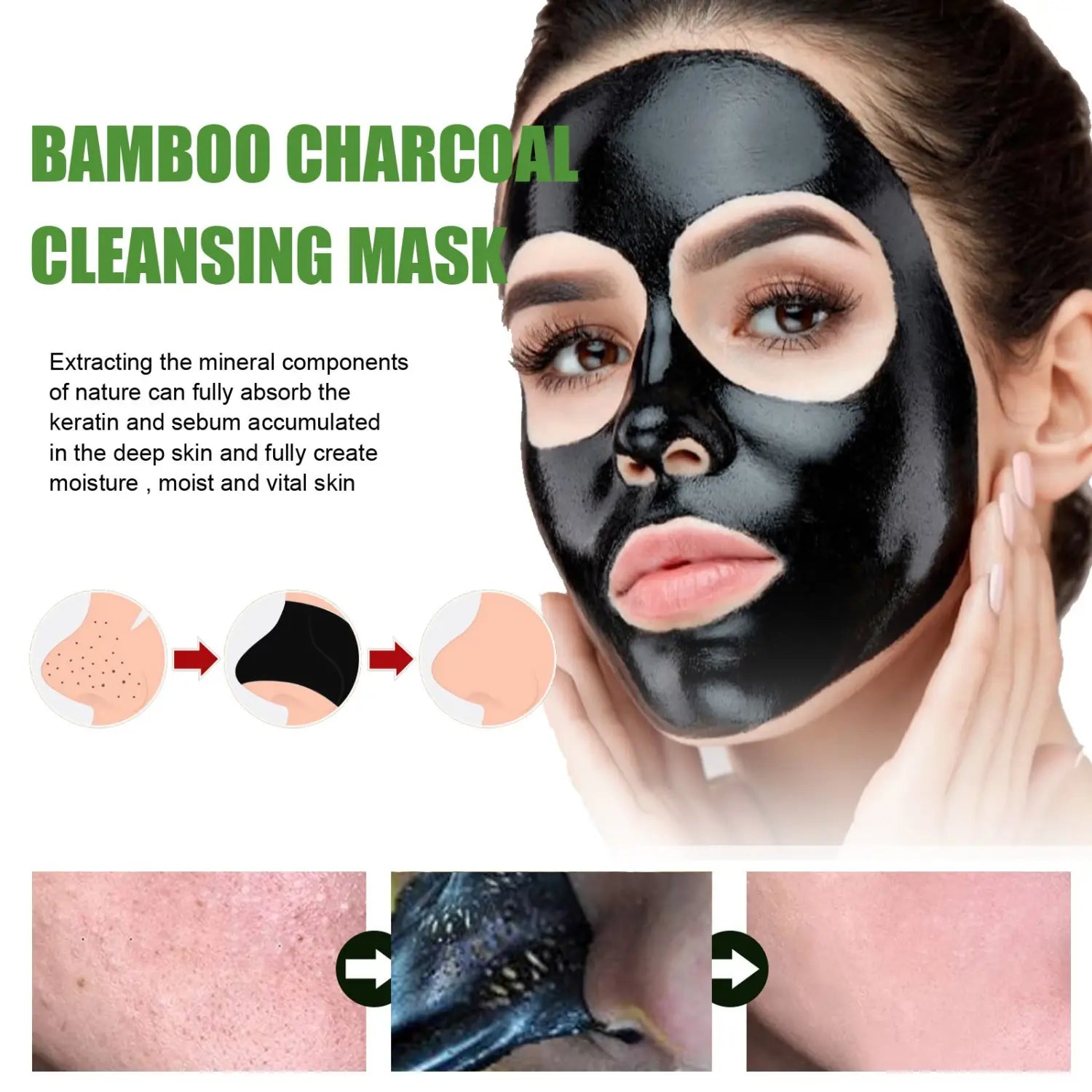 Black bamboo charcoal peel-off mask for blackhead removal with cutouts for eyes and nose.
