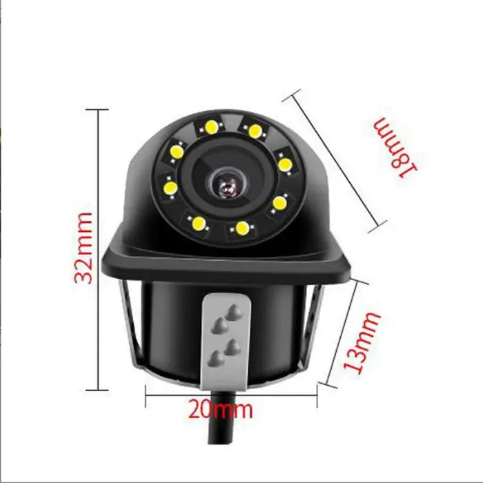 Black dome-style reversing hd waterproof universal rear view camera with a circular array of yellow led lights around the lens and labeled mounting bracket dimensions.