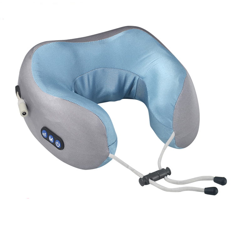 Light blue fabric car massage pillow with blue and gray neck massager featuring control buttons and adjustable straps for car massage comfort.