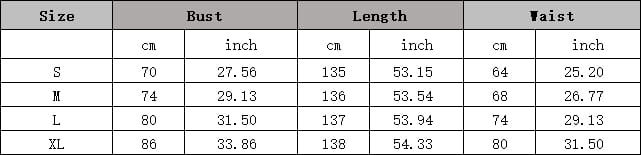 The table displays size measurements in centimeters and inches for the velvet sequined cinched waist pink evening gown including bust length and waist from size s to xl.