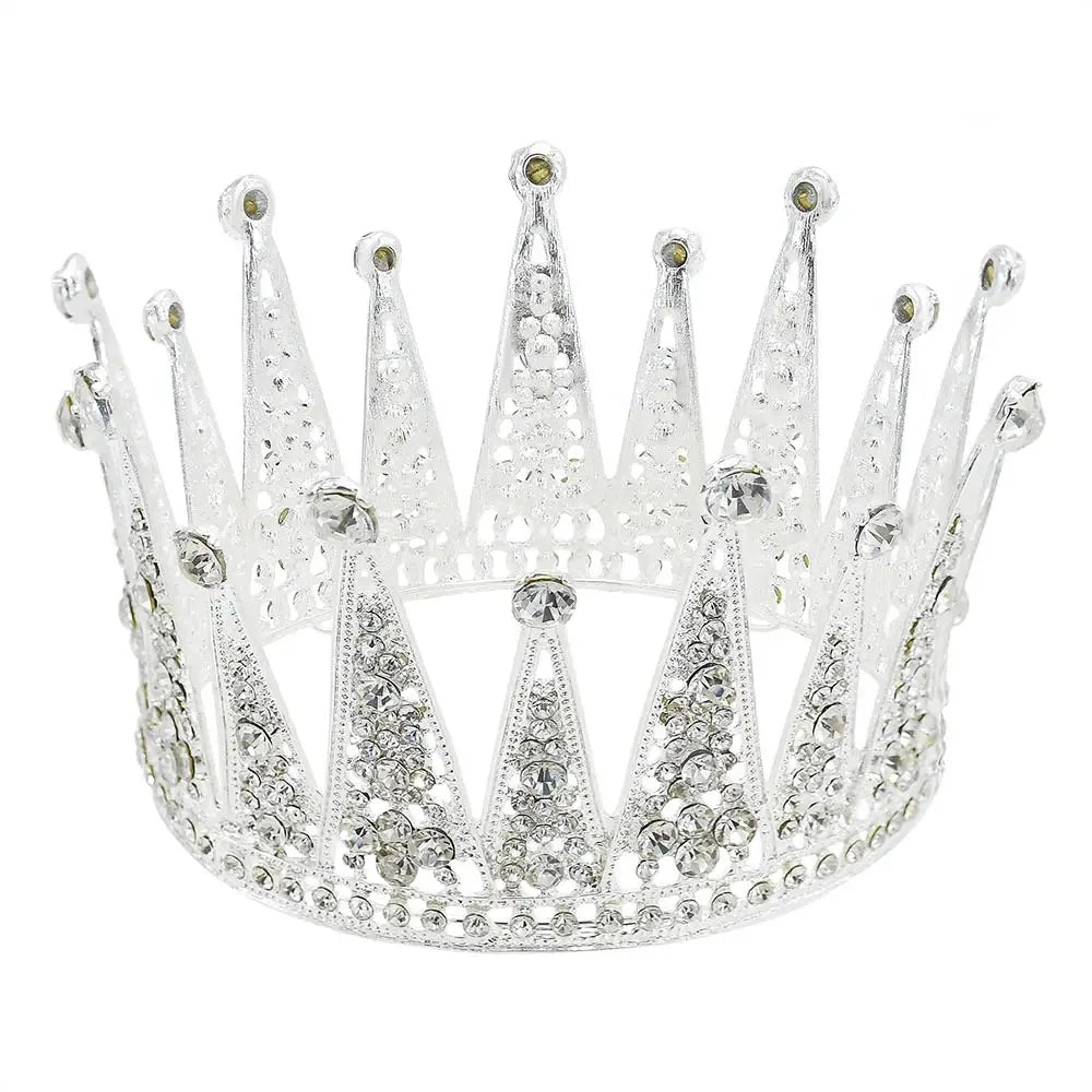 Silver tiara with intricate lace-like cutouts and sparkling rhinestones designed as fashion bridal hair accessories made from alloy.