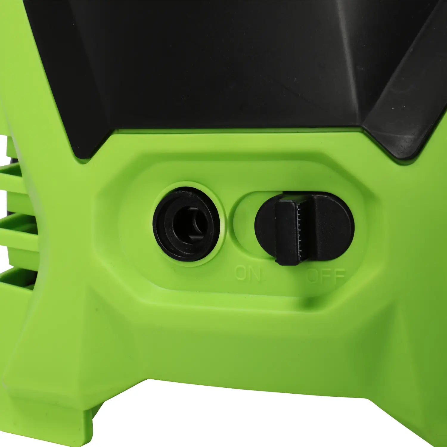 Green and black high pressure cleaner made of bright green plastic with black accents featuring a circular port and an on/off toggle switch with a coiled hose.