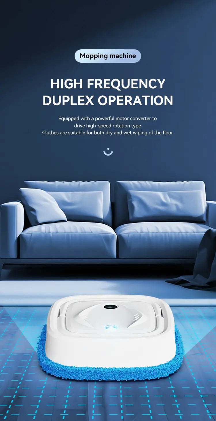 White square-shaped smart home wet and dry humidifier mopping machine with a blue microfiber cleaning pad and central sensor for efficient floor cleaning.