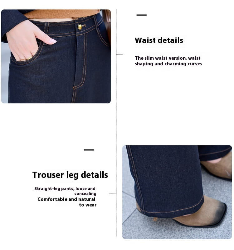 Dark blue denim trousers with a slim waist and straight legs from an elegance retro casual denim jacket and pants set.
