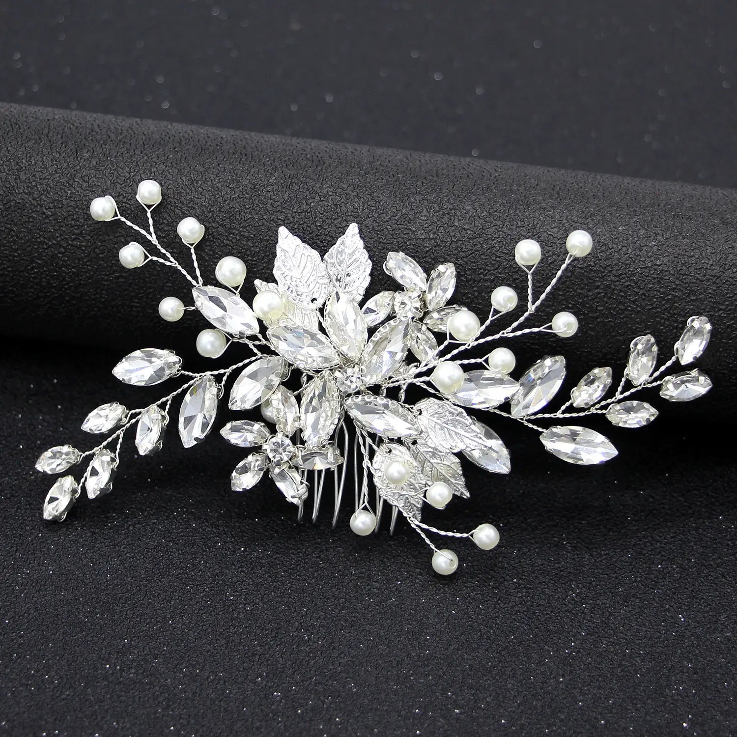 Silver floral hair comb adorned with clear crystals pearl-like beads and intricately detailed leaves for silver crystal gauze or crystal gauze dress accessories headdress.