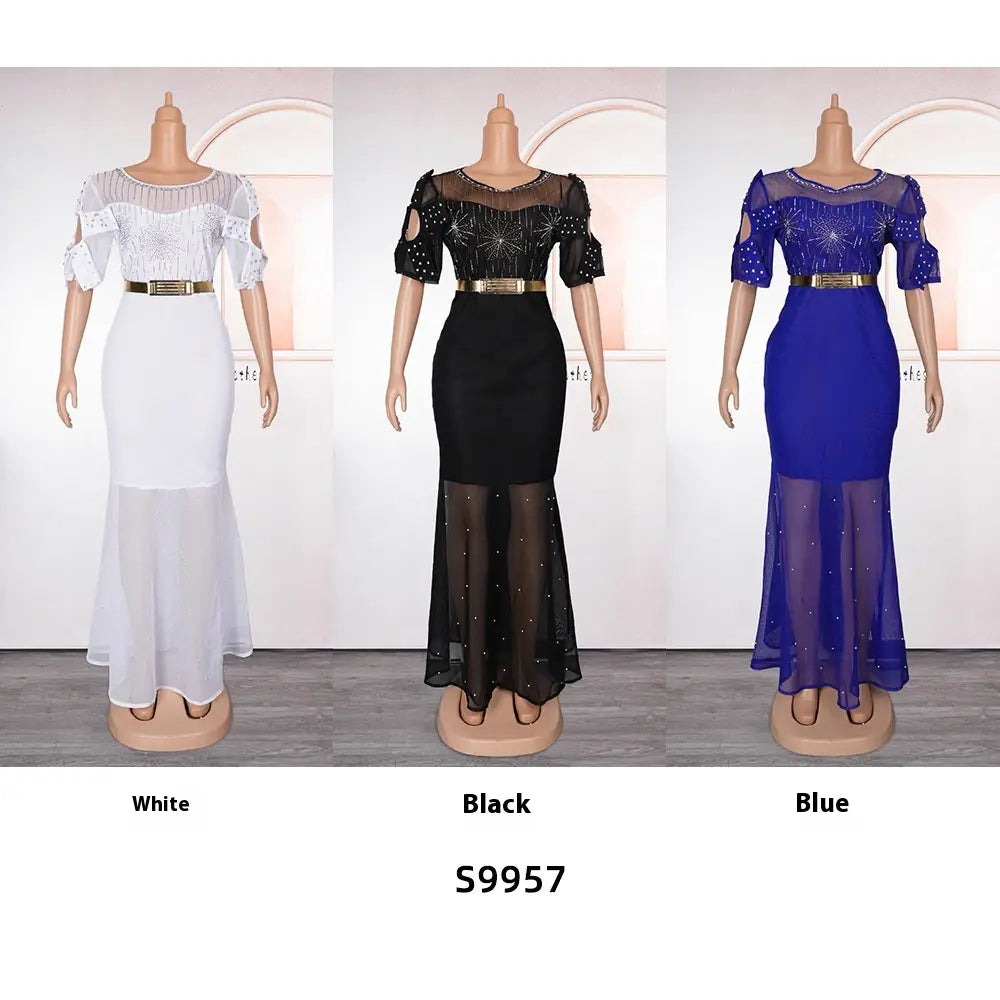 Three elegant mermaid-style gowns in white black and royal blue with sheer illusion tops featuring heavy embroidered hot diamond beads short puffed sleeves and gold belts.