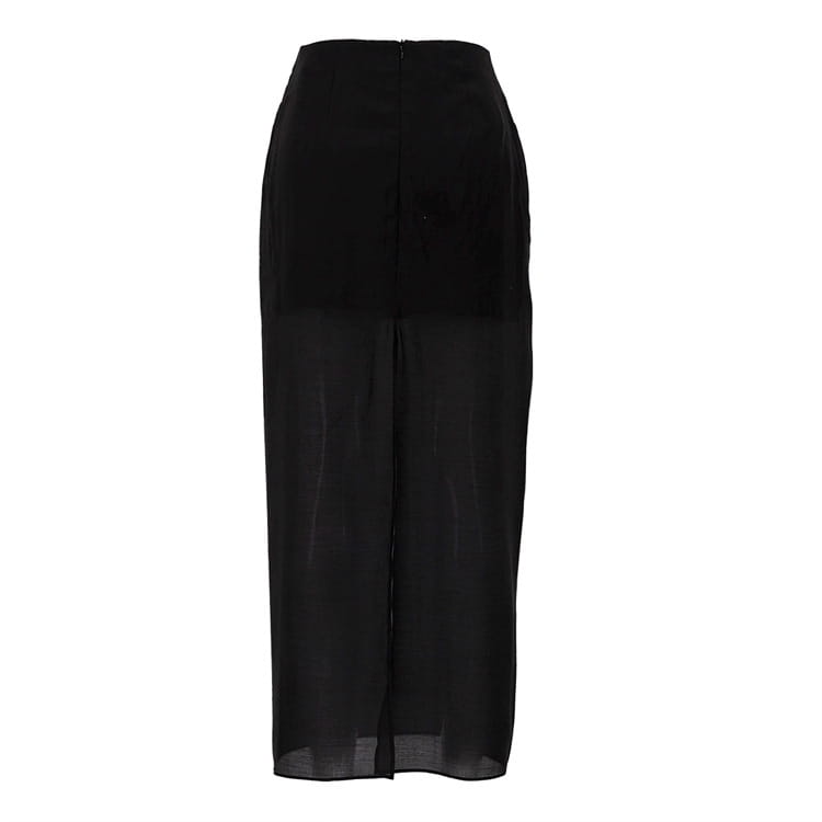 Black sheer high waist slit sheath skirt made of flowing fabric with a central front slit designed for an elegant silhouette.
