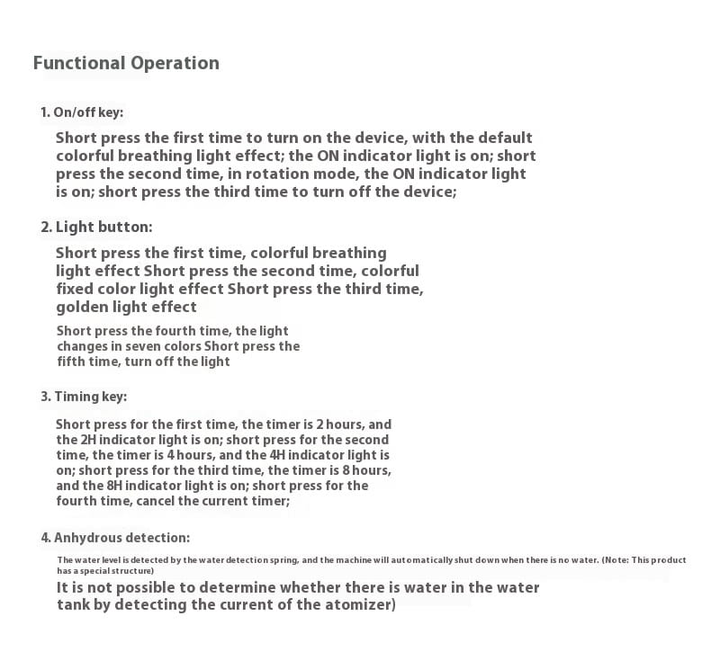 black text on white background detailing the functional operation of the christmas tree essential oil aroma diffuser humidifier featuring an on off key, light button, 2 hour, 4 hour, and 8 hour timing keys, and an anhydrous detection system for safe use in design essential oil and oil aroma diffuser applications.