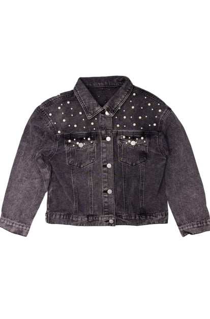 Women's Pearl Studded Black Denim Jacket Washed Embellished Jean Jacket