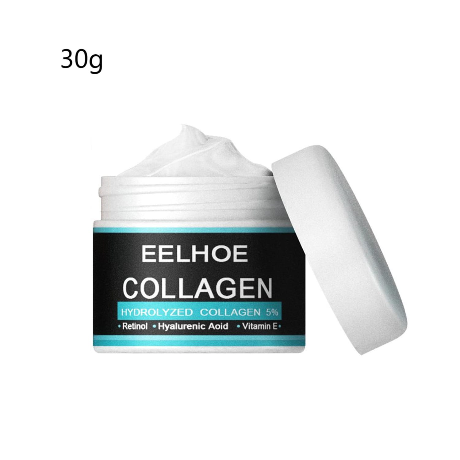 A white jar of Eelhoe collagen moisturizing nourishing skin cream with a black and teal label containing 30g of hydrolyzed collagen cream designed for men.