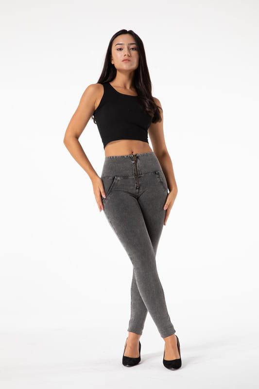 melody high waist gray denim leggings featuring high waisted gray denim material with a front zipper closure and side pockets.