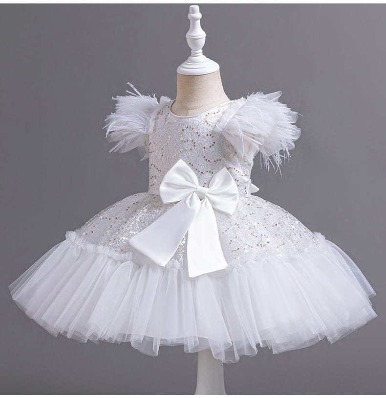 white sequined toddler wedding dress with feathered puff sleeves and a large satin bow at the waist featuring a tulle skirt summer design