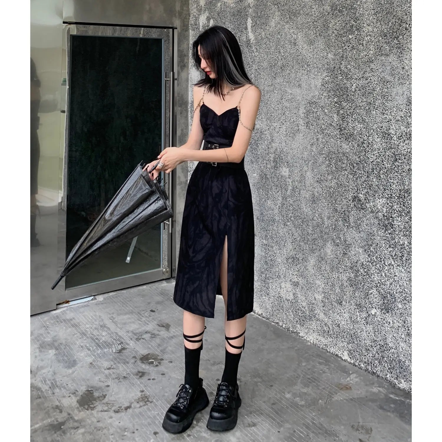 black velvet midi dress with sweetheart neckline and side slit in a sexy leopard print chain satin slip dress design