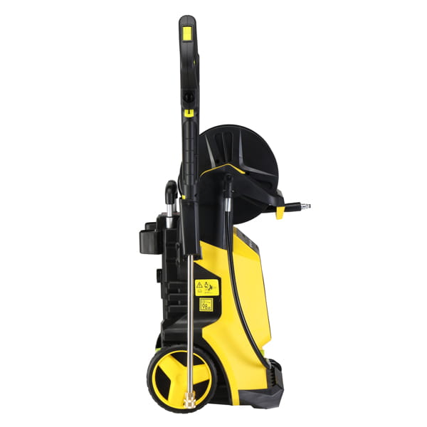 yellow and black kärcher high pressure cleaning machine with retractable hose reel, handle, and wheels designed for efficient pressure cleaning.